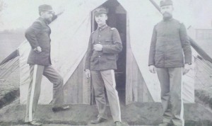 Officers of Somerville Company M, MA 8th Volunteer Regiment, left to right: Lt. George Confield, Capt. Whitten, Lt. F.W. Pierce